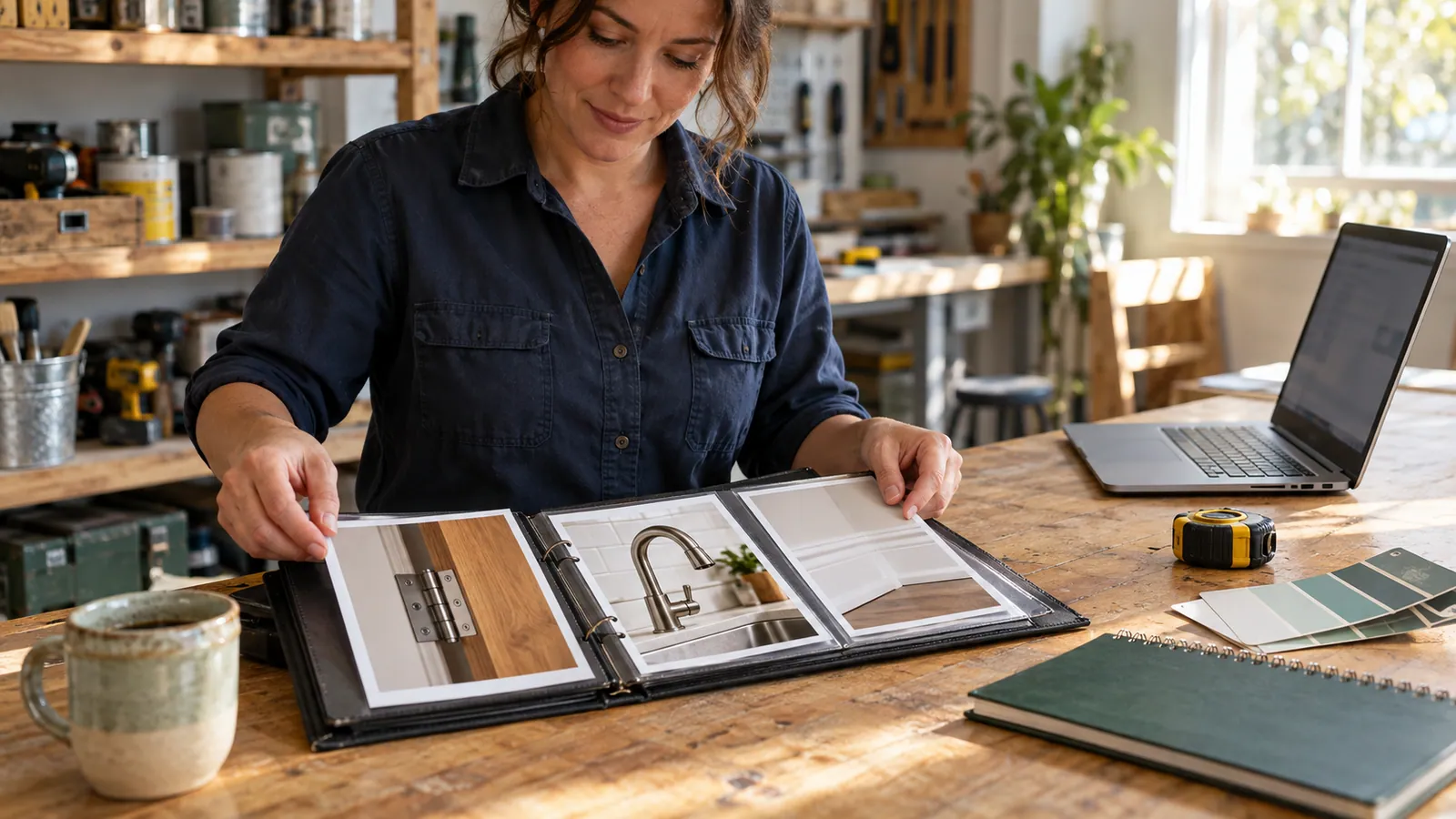 Business owner organizing repair service photos in a workshop portfolio.