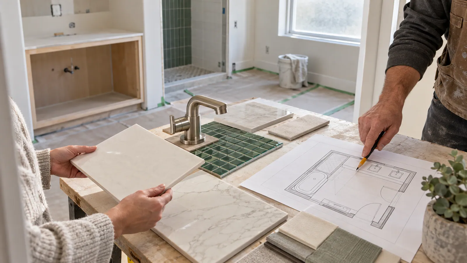 Bathroom plan reviewed alongside tile and faucet selections during a remodel.