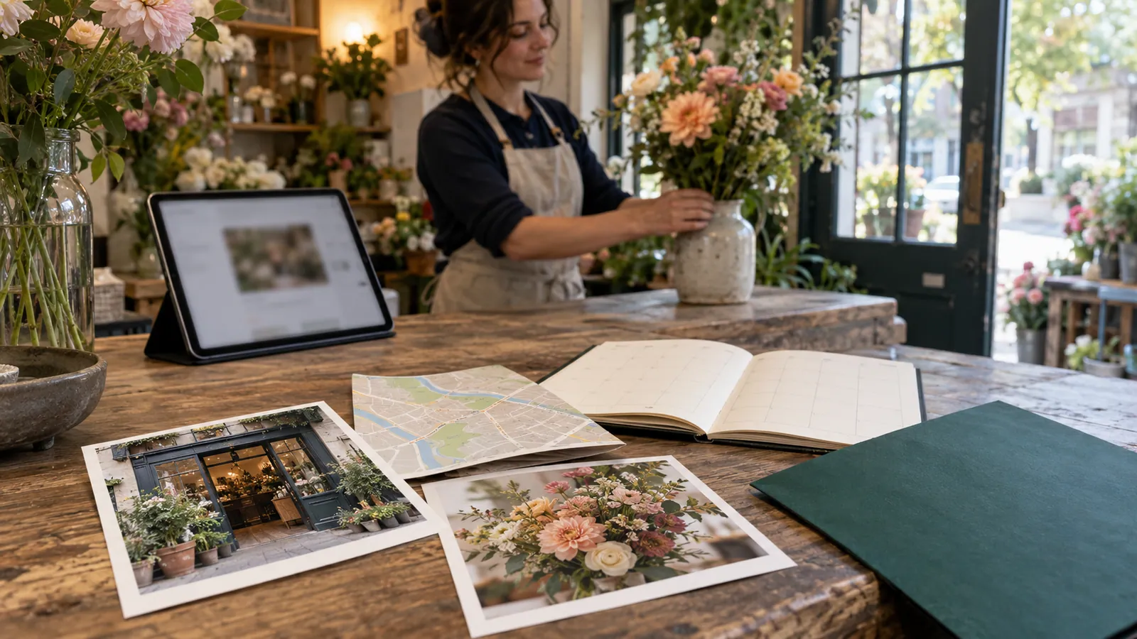 Shop photos, a neighborhood map and planner prepared for a florist’s business profile.