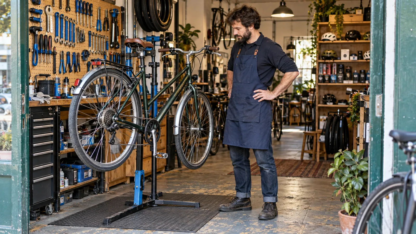 Bicycle repair shop with a service stand and accessory shelves in the background.