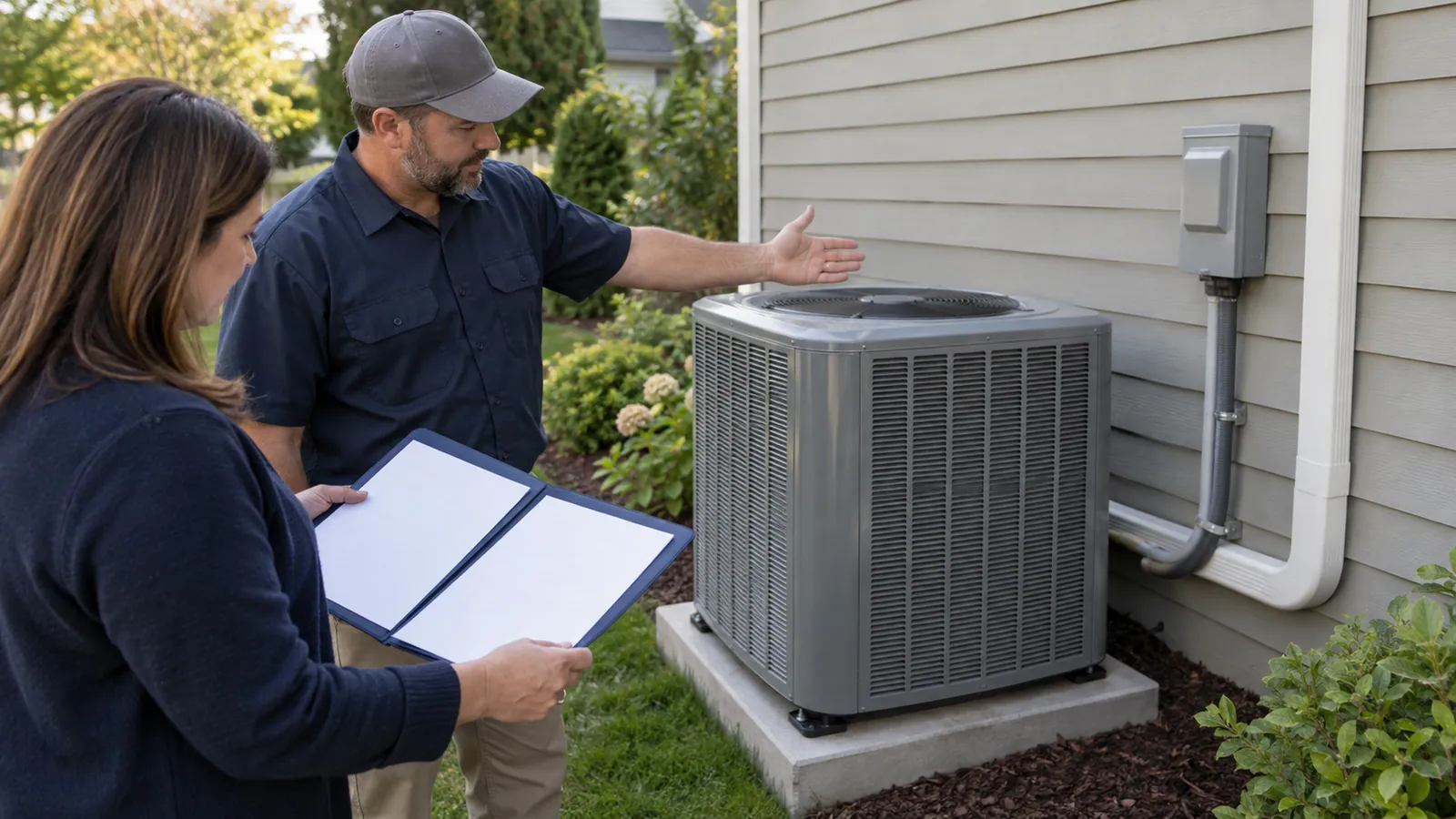 Homeowner comparing estimate packets beside an outdoor HVAC unit with an estimator.