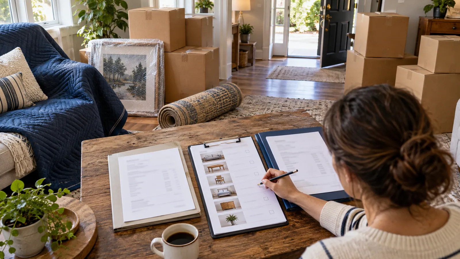 A moving inventory checked beside two estimate folders and packed household belongings.