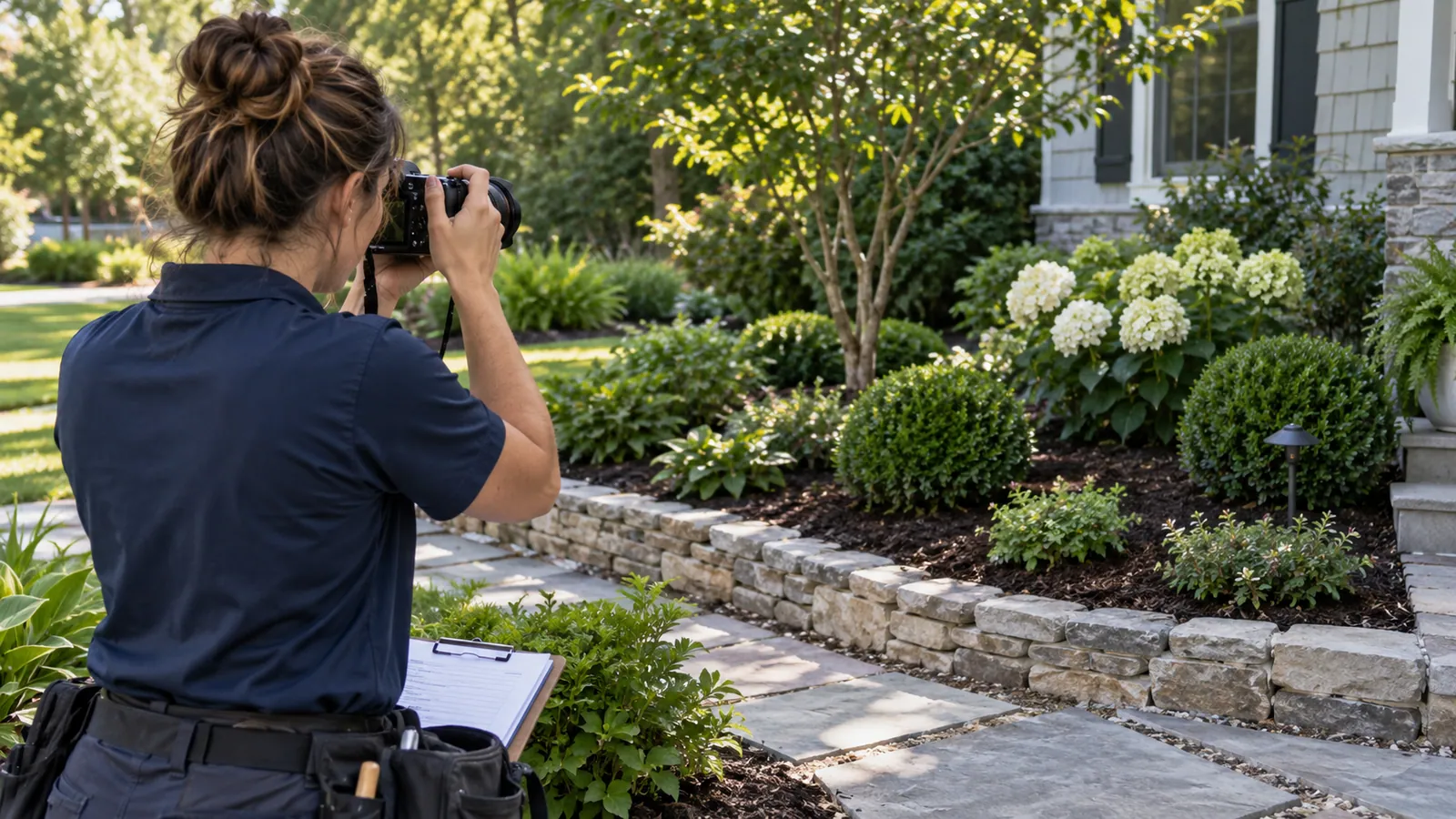 Field-service professional photographing finished stone edging and garden landscaping.