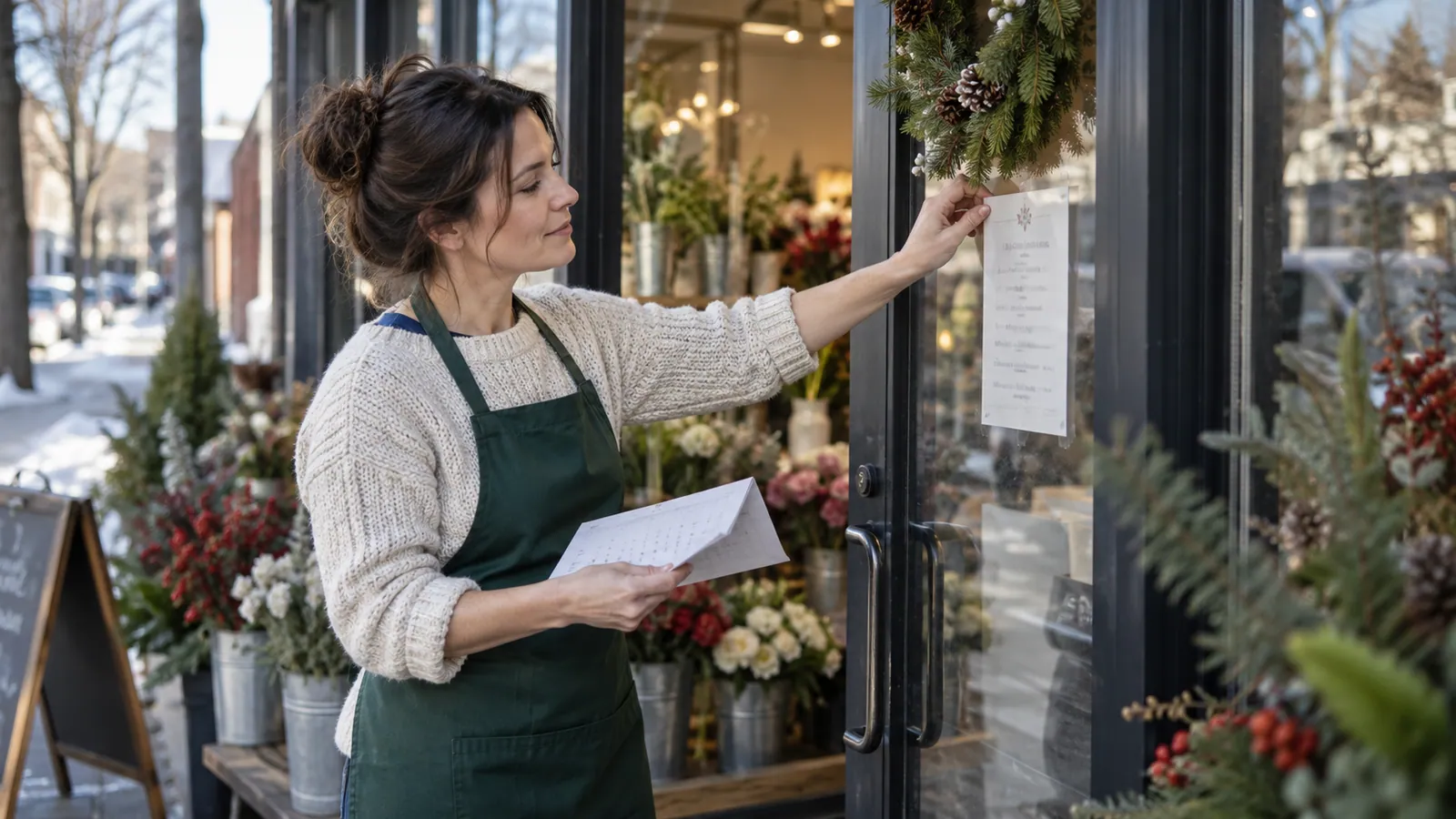 Florist adjusting a door hours notice beside a holiday wreath while checking a paper calendar.