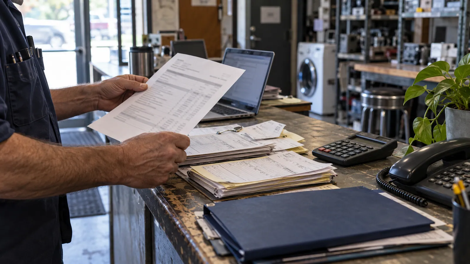 Hands comparing an activity report with completed work orders and receipts at an appliance repair counter.
