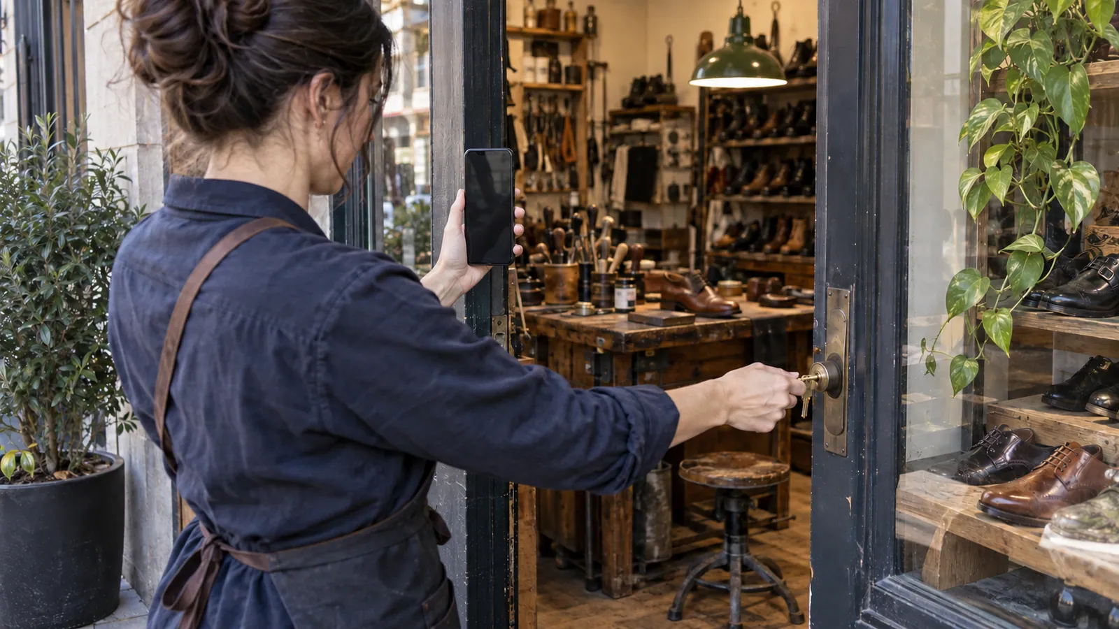 Shoe repair shop owner holding a smartphone toward the workshop while demonstrating access with the entrance key.