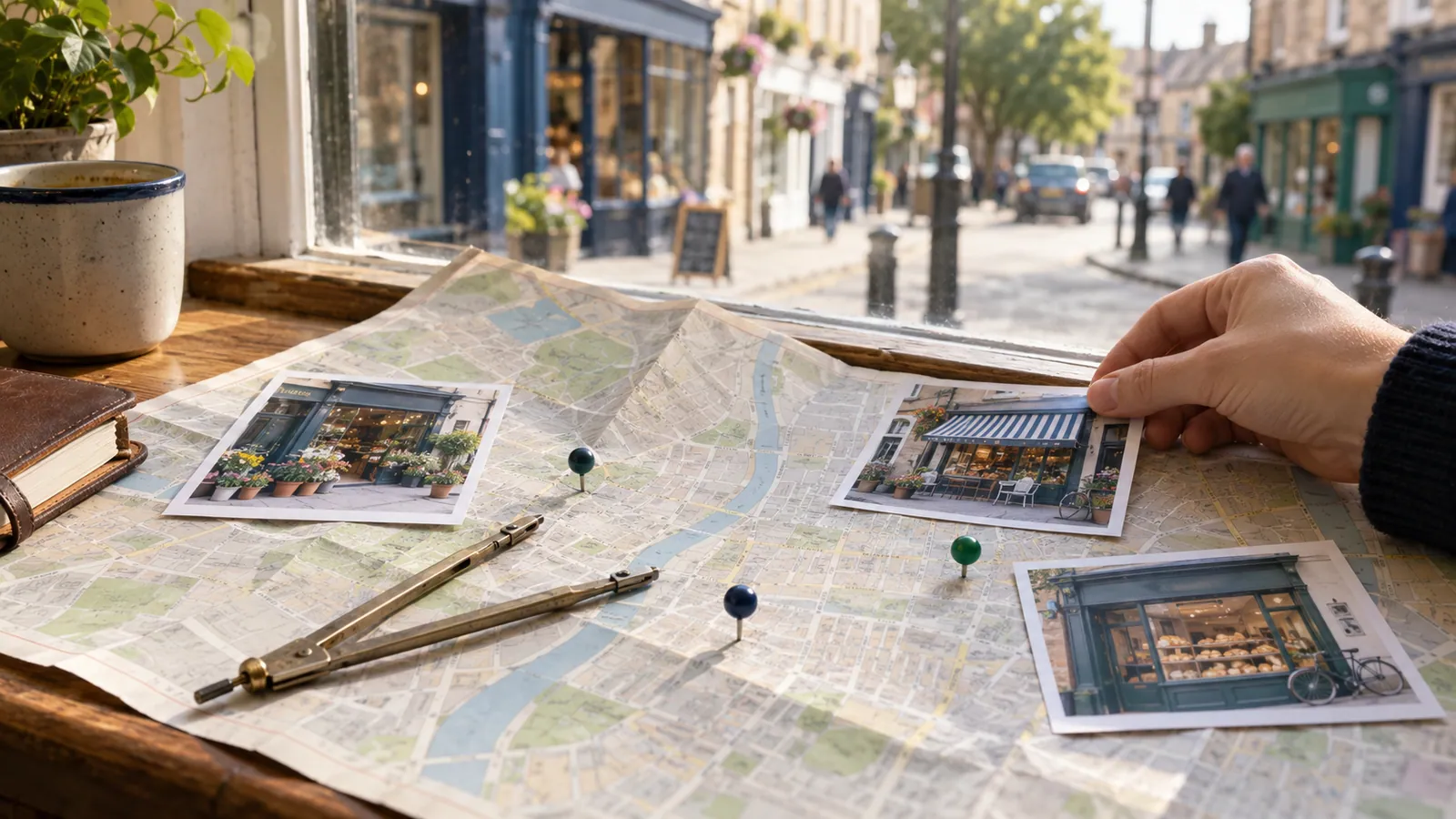 Storefront photographs and location pins arranged on a paper neighborhood map beside a shop window.
