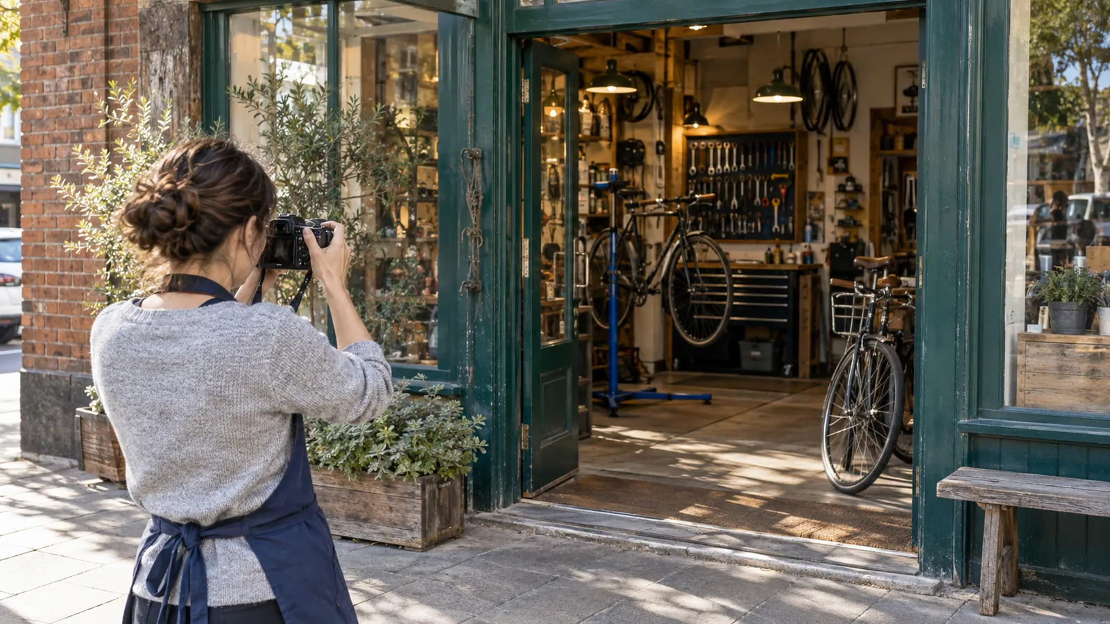 Bicycle shop owner taking a fresh photograph of the open storefront and workshop.
