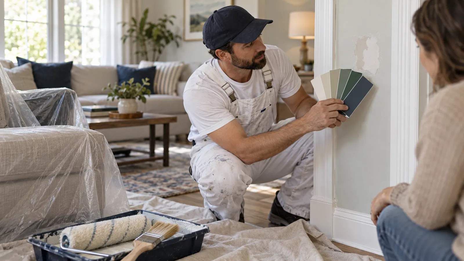 Painter showing color swatches beside a wall repair, with protected furniture and painting tools nearby.