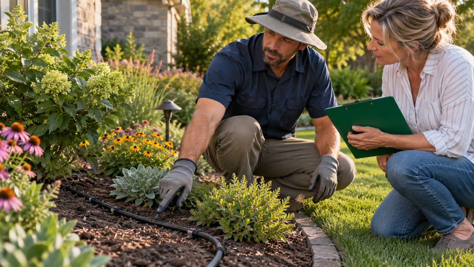 Landscaper and homeowner discussing drip irrigation and planting beds during a garden maintenance walkthrough.