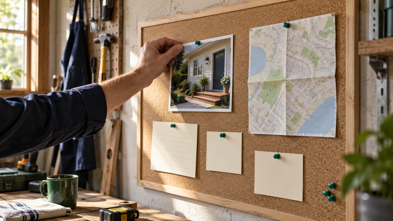 Project photograph, street map and planning cards pinned to a workshop board.