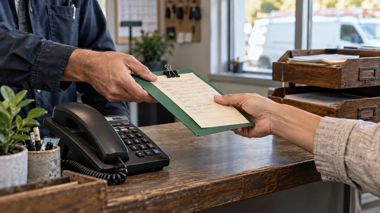 Coworkers hand over a callback record beside a telephone at a service dispatch counter.