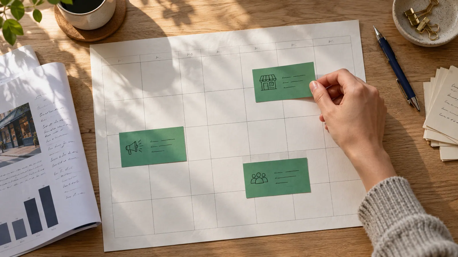 Three action cards arranged on a paper monthly planner beside a marketing report.