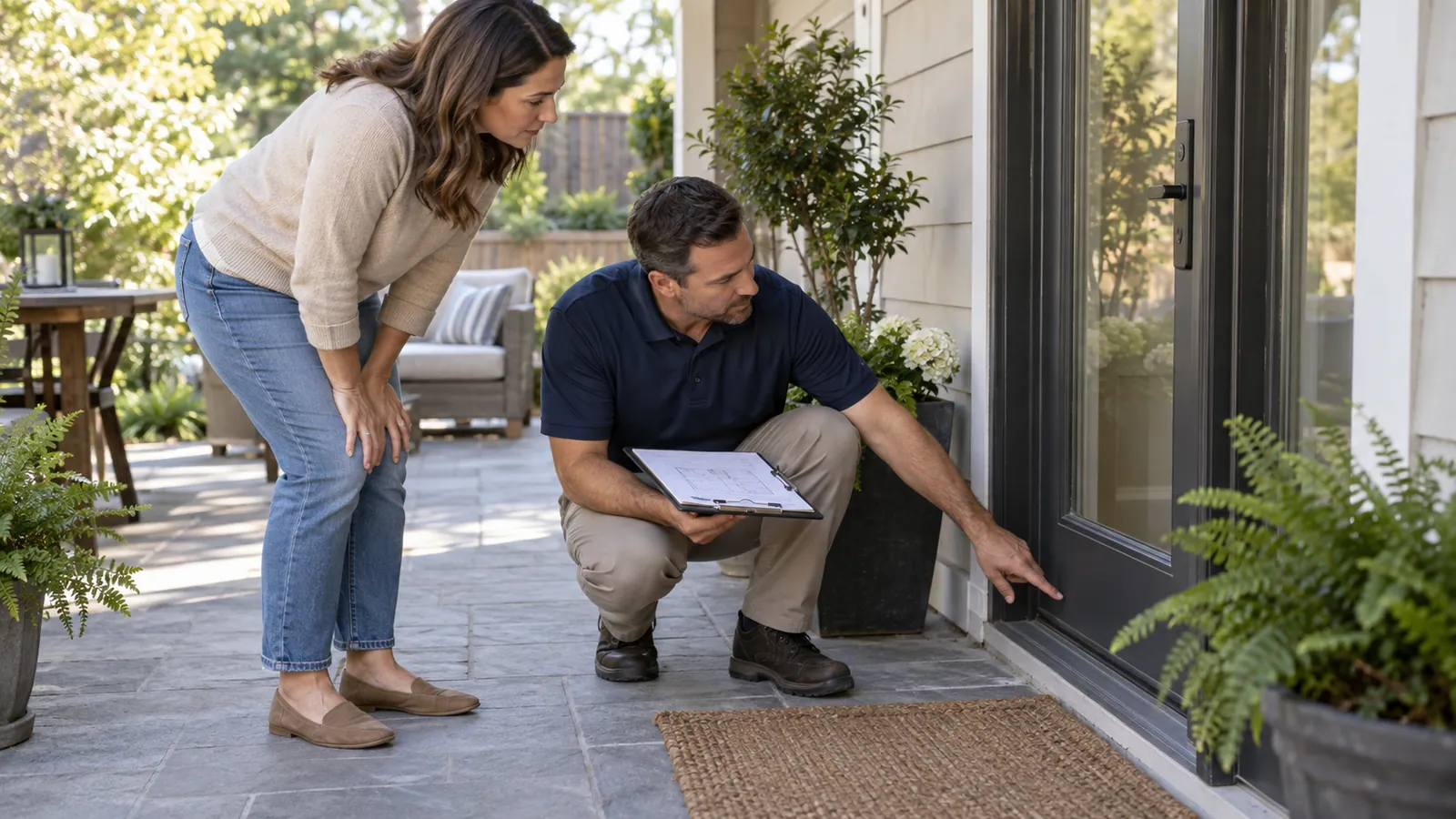 Pest-control professional discusses an exterior door threshold with a homeowner.