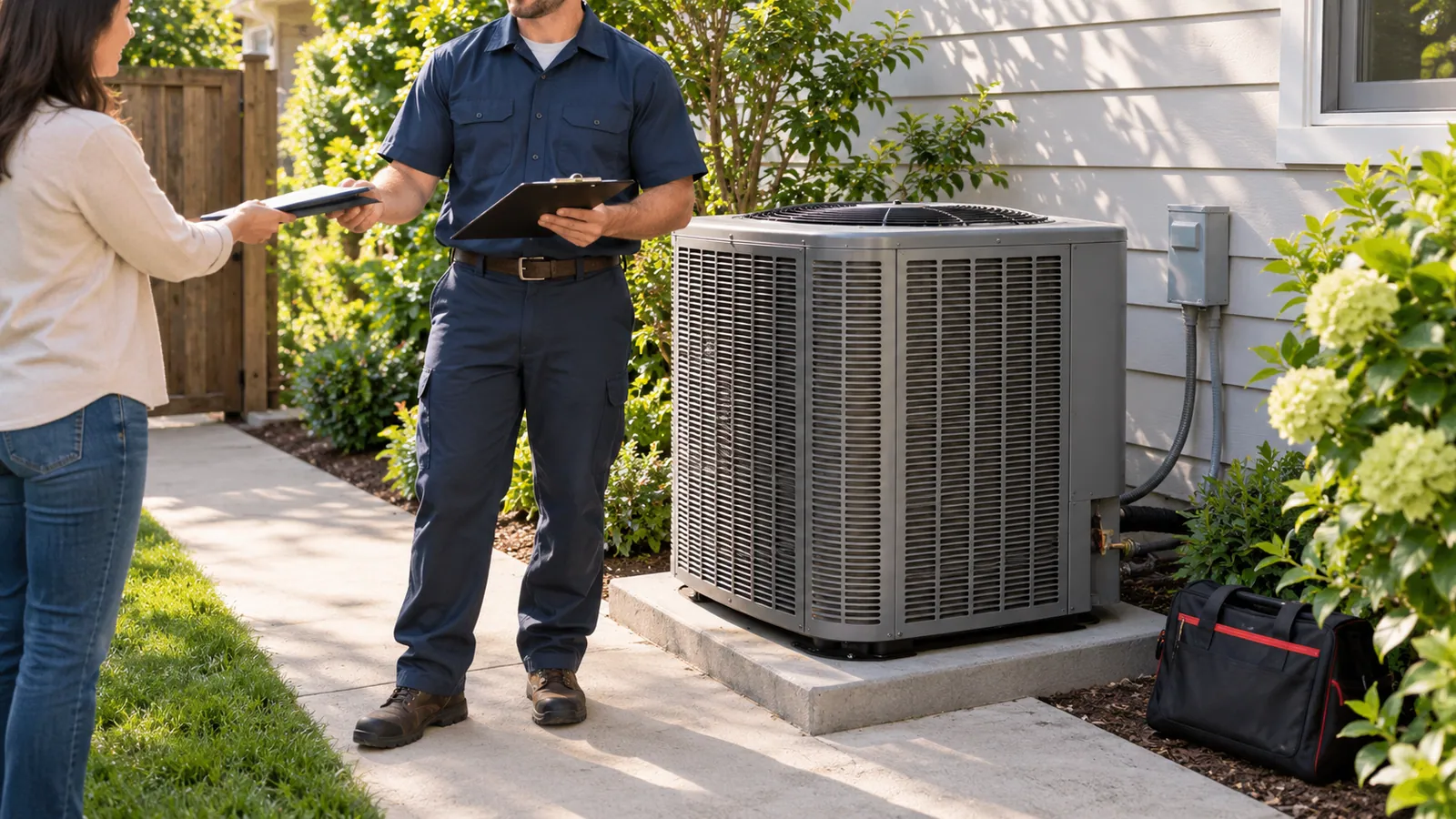 Homeowner hands maintenance records to a technician beside an accessible outdoor air-conditioning unit.