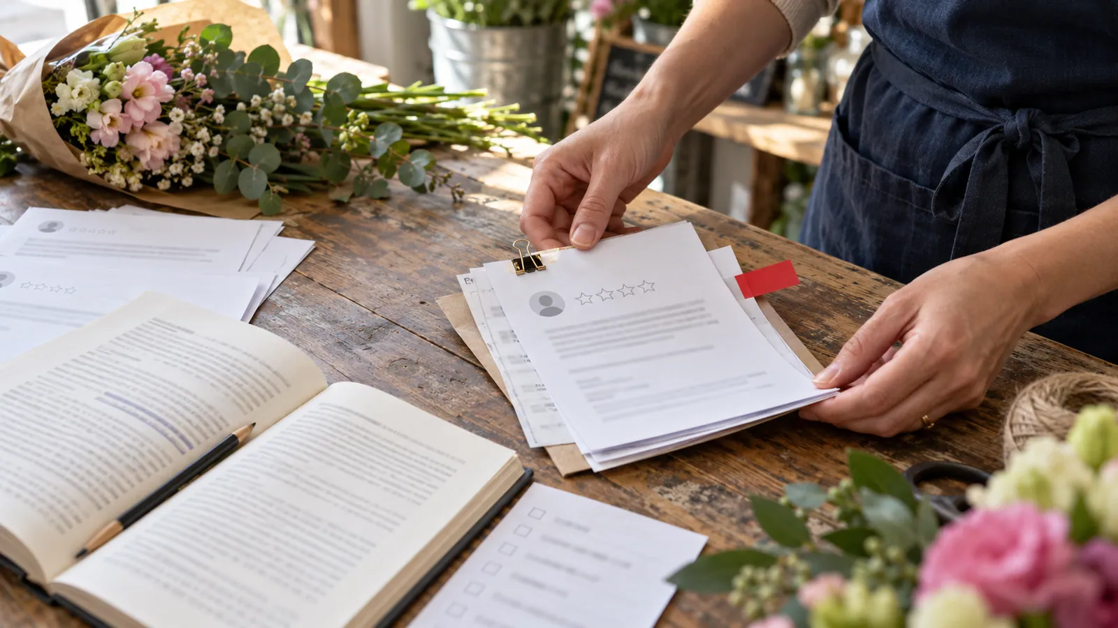 Florist organizing a flagged review evidence packet beside a policy booklet and checklist.