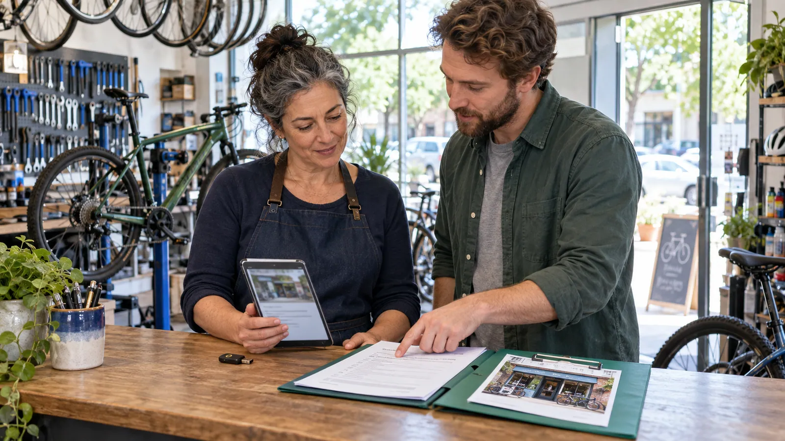 Bicycle-shop owner holding her tablet while reviewing access-handoff paperwork with a colleague.
