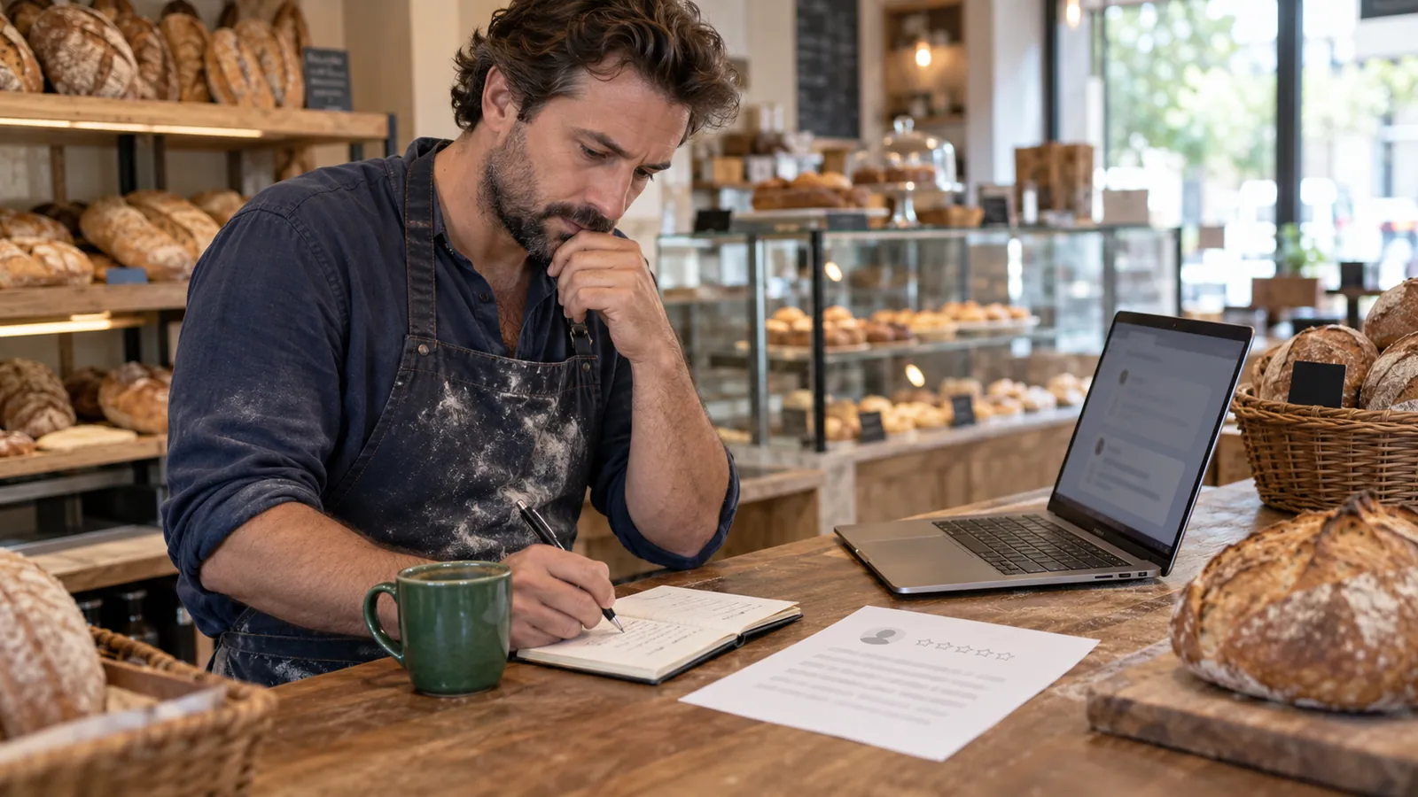 Baker drafting a thoughtful review response in a notebook beside an anonymous review printout and laptop.