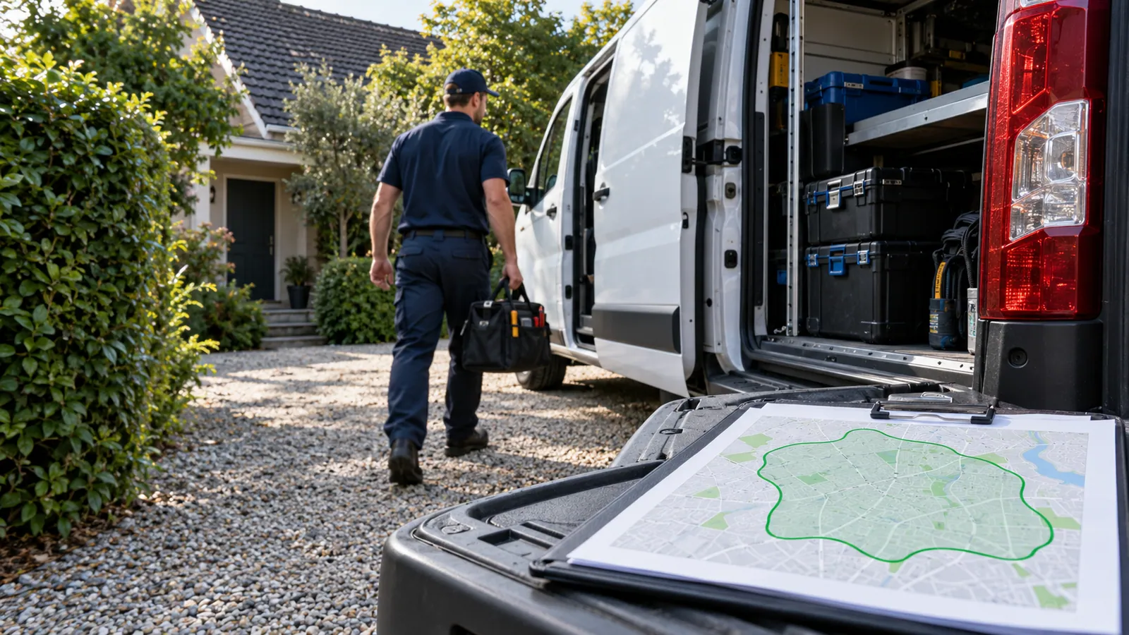 Service technician beside a van at a private home, with a map outlining a broad service area in the foreground.