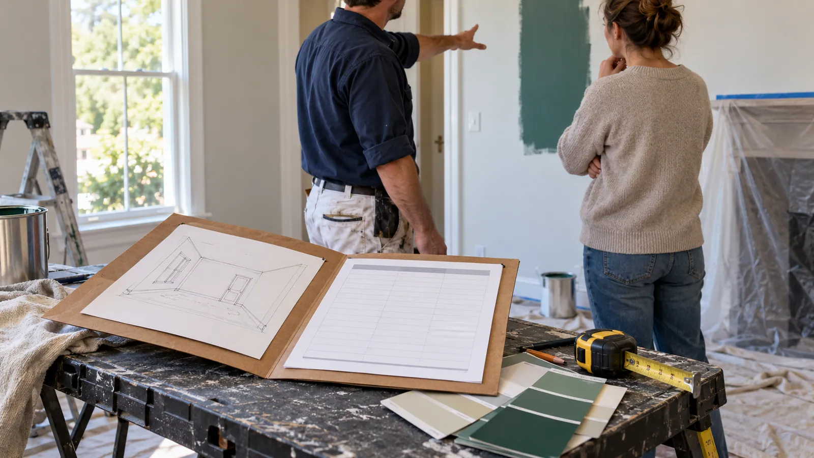 An estimate folder, room sketch and paint samples accompany a painter’s discussion with a homeowner.