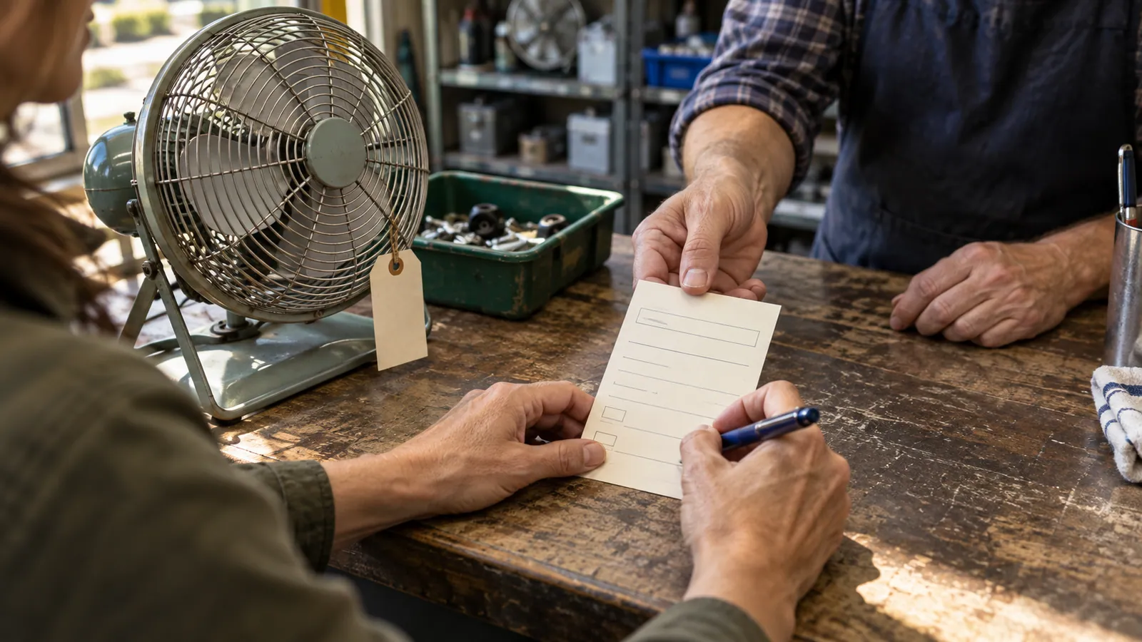 A customer completes a short service intake card beside a tagged fan at a repair counter.