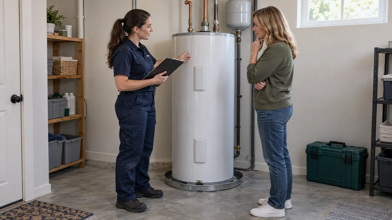 A plumbing professional reviews replacement plans with a homeowner beside a water heater.